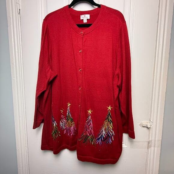 Quacker Factory Embroidered Sequin Tree Cardigan Womens 3X Red Knit Christmas - Picture 1 of 9